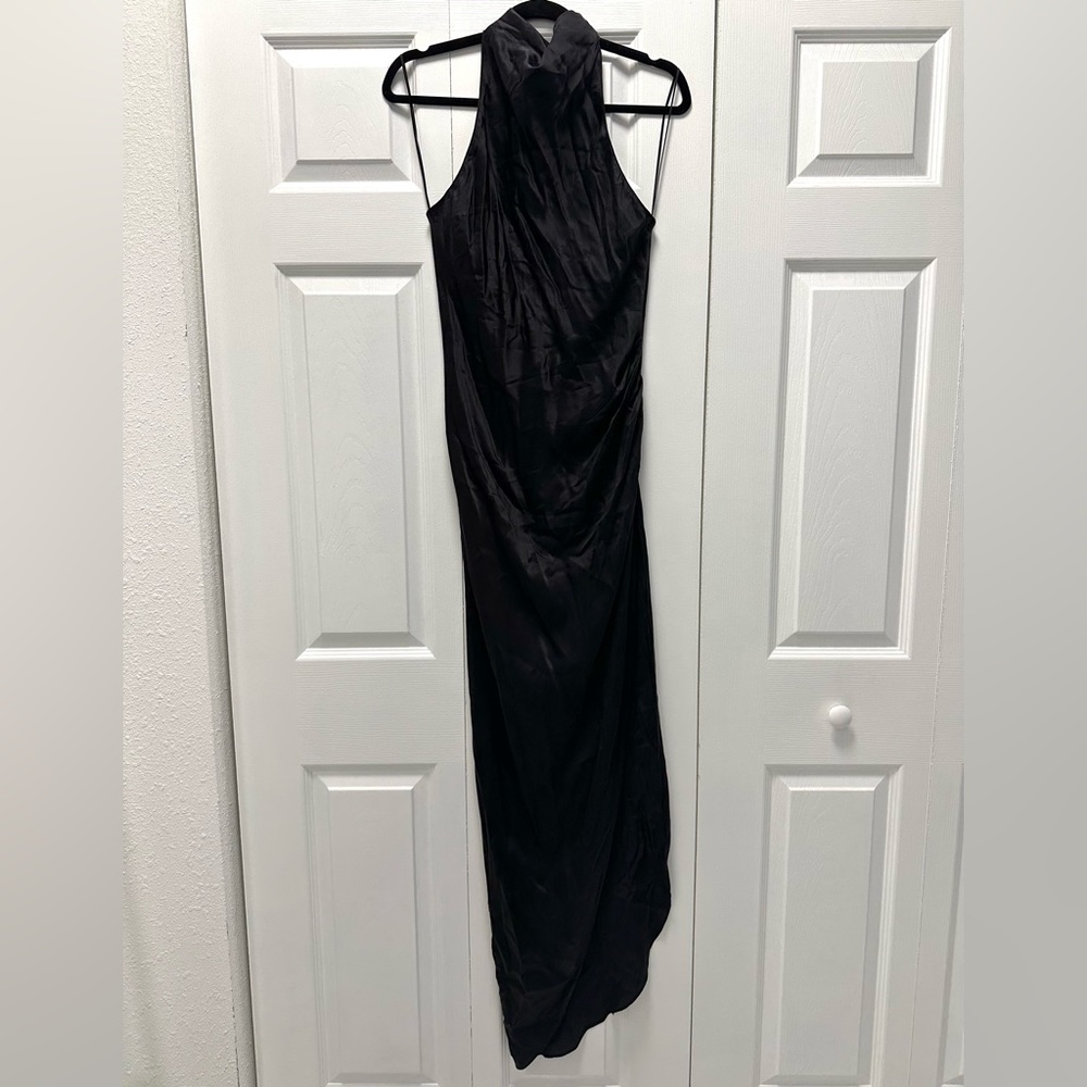 Revolve- Amanda Uprichard Black Satin Halter Maxi Dress with Side Slit - Picture 4 of 9